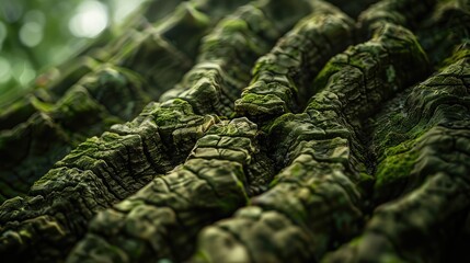 Macro shot of tree bark showing detailed textures and patterns, highlighted by the presence of green moss.
