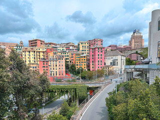 palazzi colorati di genova liguria italia, colorful buildings in genoa liguria italy  - obrazy, fototapety, plakaty