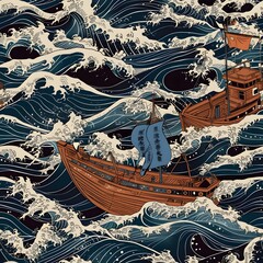 seamless pattern of japanese traditional drawing of wooden boat navigating through tumultuous seas. Ukiyo-e hand drawing illustration for print, textile, fabric, background and others