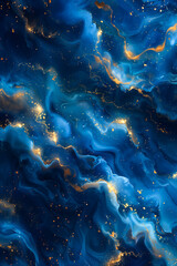 Golden flecks dance in the undulating blues of an abstract oceanic expanse - Generative AI