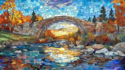 Mosaic. A bridge spans the river on a beautiful, sunny day, creating a Stained Glass Illusion amidst the surrounding nature.
