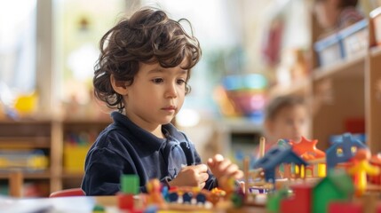 A young child engaged in play, surrounded by colorful toys in a room setting.