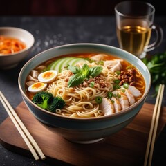 Tasty bowl of noodles with delicious toppings. Restaurant promo image