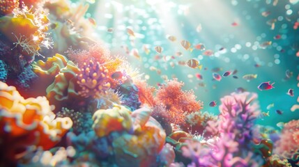 Fototapeta premium A vivid underwater landscape showcasing a diverse array of fish among colorful coral formations.