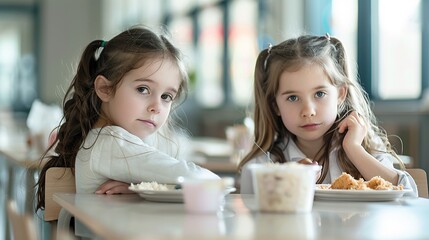 Two cute ten years old girls sitting at the table in school cafeteria. Young students having food during lunch break in dining hall. copy space for text. - Powered by Adobe