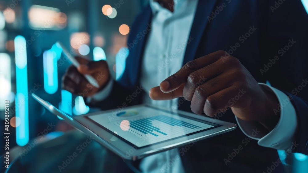Poster A businessman analyzing financial charts and graphs on a tablet device, strategizing for business growth and success.
