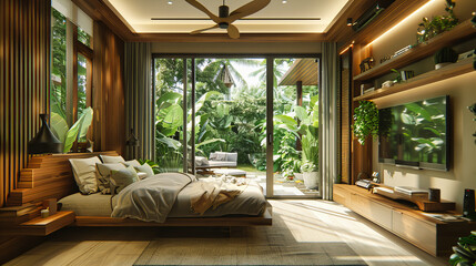 Tropical Bedroom with Elegant Bedding and Stylish Furniture, Luxury Resort Interior with Contemporary Decor and Relaxation Space