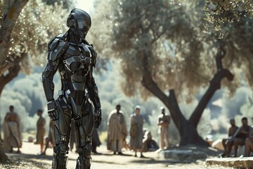 Fototapeta premium From beyond our era, a figure in advanced exoskeleton armor appears in ancient Greece, amidst philosophers in the Agora, under the gentle light of olive trees