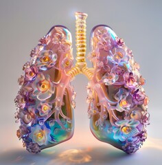 Artistic representation of human lungs composed of colorful flowers, symbolizing beauty and vitality of healthy lungs and importance of clean air and pollution-free environment.