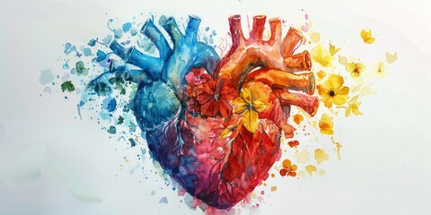 Human heart made of flowers in vibrant colors showing detailed anatomy and functionality through unique artistic representation