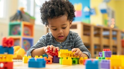 A young child playing with colorful building blocks, creating structures and using imagination.