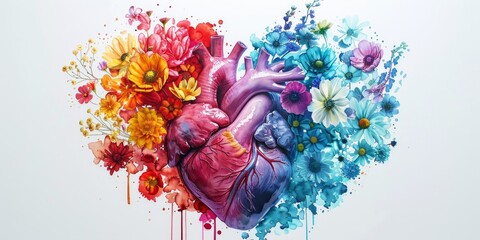 Human heart made of flowers in vibrant colors showing detailed anatomy and functionality through unique artistic representation