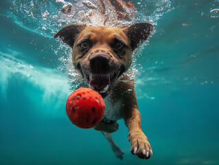 Perro buceando con pelota roja