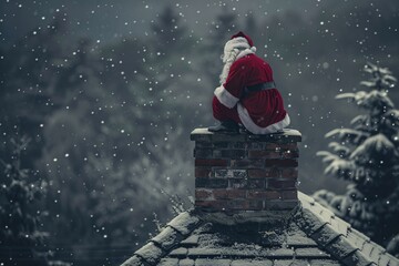 Santa Claus stuck at the entrance of a chimney on the roof of a house, his red suit contrasting...