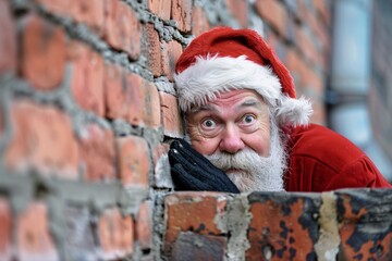Santa Claus halfway in the chimney, his rosy cheeks and red hat askew as he tries to escape the tight spot