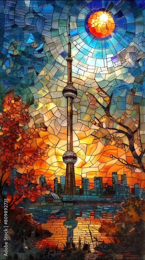 Wall mural tv tower Mosaic , nature and city scape, Stained Glass Illusion 
