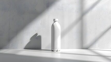 White water bottle mockup on grey background with shadow, 3D rendering. Minimalist style for product presentation design in the style of studio