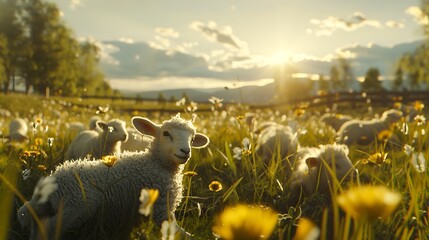 Lambs bask in the tranquility of a sun-drenched meadow, oblivious to the world beyond