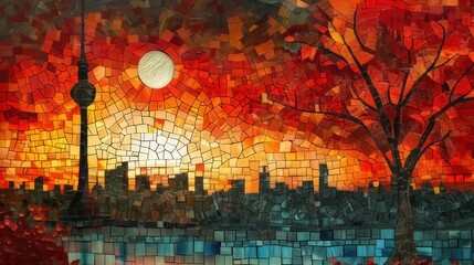 tv tower Mosaic , nature and city scape, Stained Glass Illusion 
