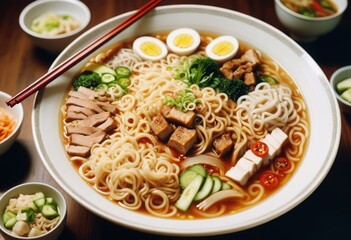 Tasty bowl of noodles with delicious toppings