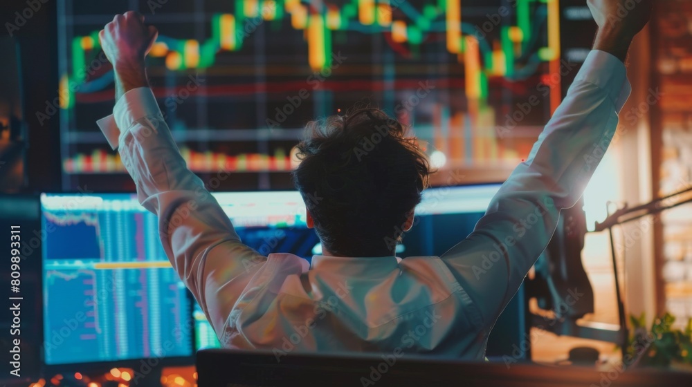Poster A businessman celebrating success with arms raised while looking at a computer screen displaying positive stock market graphs and gains.