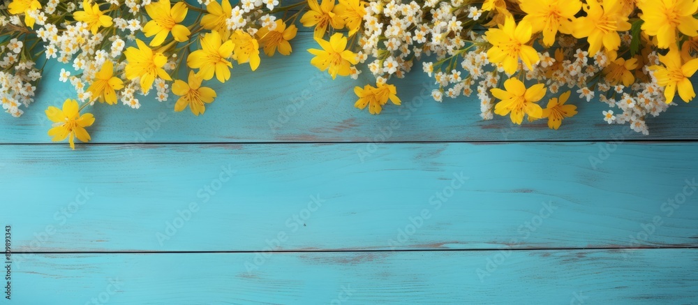Poster a flat lay top view copy space image showcasing a frame of yellow flowers arranged on a blue wooden 