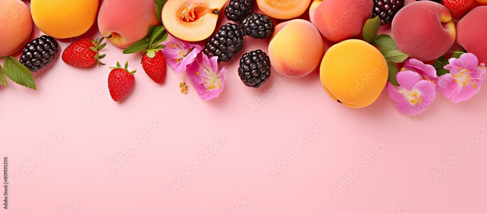 Fototapete the tantalizing summer fruits including apricots plums and strawberries create a vibrant pink backgr