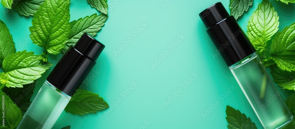 Poster top view of men s cosmetic bottles with mint leaves on a colorful background creating a visually app
