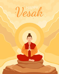 Happy vesak day. Vesak concept for card or banner. Happy Buddha Day. Buddhist, buddhist monk in a meditation pose. Man in red and yellow clothes meditates. Soft yellow and orange background, sunrise.