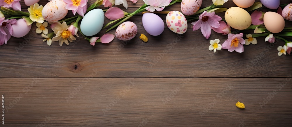 Leinwandbilder A top down view of a decorative Easter background with pastel hand painted eggs spring flowers and empty space for text. Creative banner. Copyspace image
