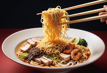 Tasty bowl of noodles with delicious toppings