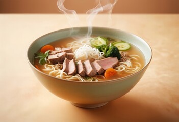 Tasty bowl of noodles with delicious toppings. Commercial food photography