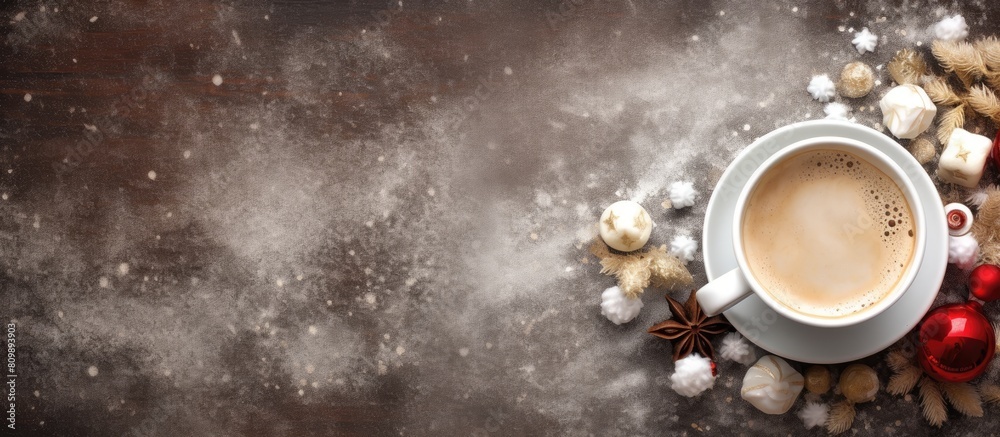 Poster A delightful top down view of a Christmas themed background featuring a steaming mug of hot cocoa adorned with fluffy marshmallows with plenty of empty space for additional content