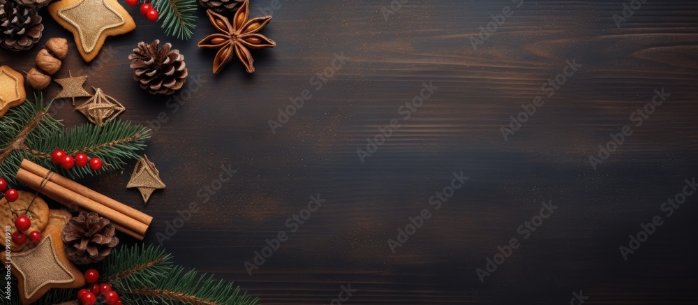 Aufkleber Top view of a Christmas themed background featuring fir branches pine cones Christmas cookies cinnamon sticks and anise stars with ample copy space for additional content