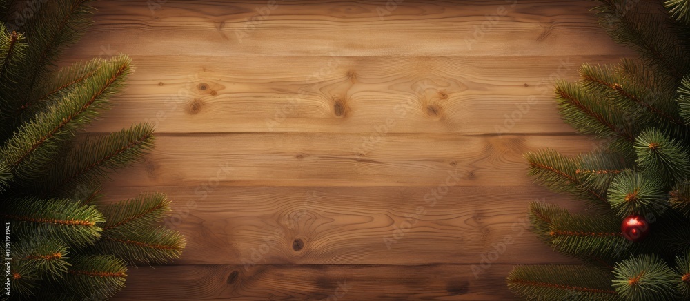 Poster A festive Christmas themed image featuring a wood texture backdrop with a square frame at the top showcasing a beautiful fir tree 152 characters. Creative banner. Copyspace image