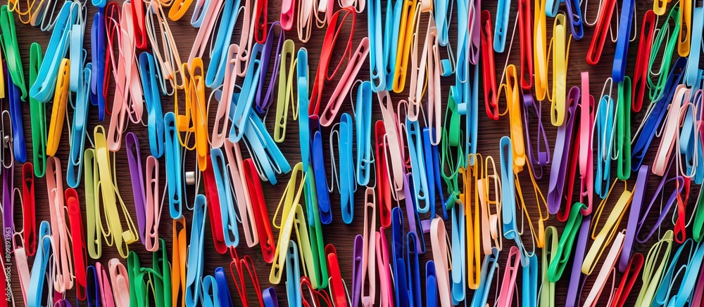 Poster Top view of a colorful collection of stationery striped paper clips arranged in a flat lay creating an abstract background image The composition suggests the back to school college and education conc