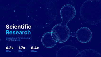 Biology Cell Stem Scientific Medical Research Background. Science Blue Cells Backdrop with Depth of Field Blur Particles Effect. Futuristic Plant Microbiology. Blue Virus Cells Vector Illustration. © ec0de