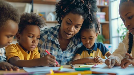 A diverse group of children sitting around a table, focused and engaged in working on a project together.