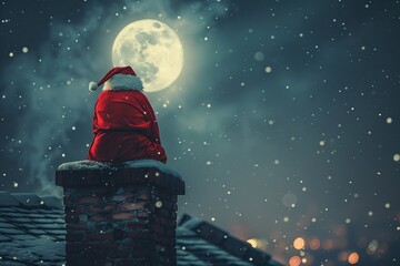 Santa Claus is stranded at the mouth of a chimney on the rooftop of a house, his iconic red attire standing out against the night sky