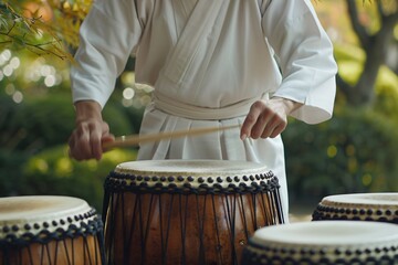 A tight shot of a male percussionist deeply focused on playing traditional Japanese taiko drums, surrounded by a serene garden, his movements precise and powerful