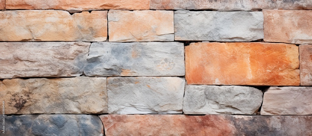 Aufkleber close up of a stunning colorful stone wall with stucco and paint the background has a peachy orange 