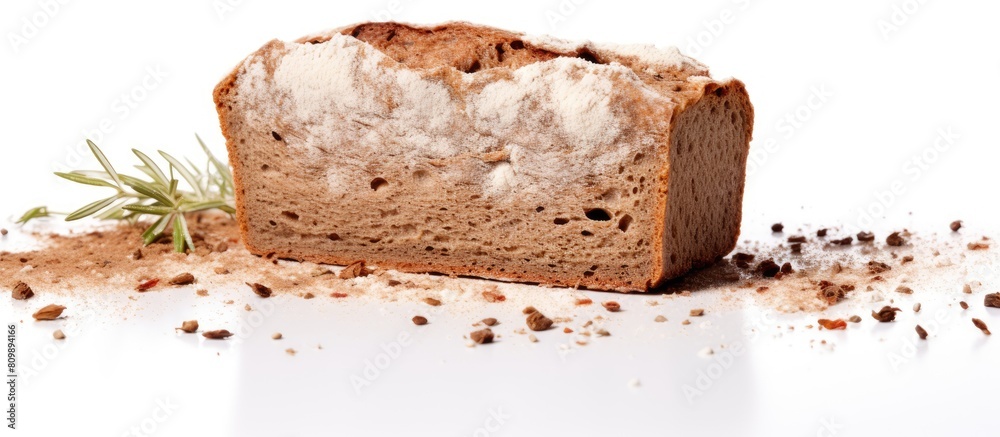 Poster A copy space image of a rye flour bread brick with spices placed on a white background