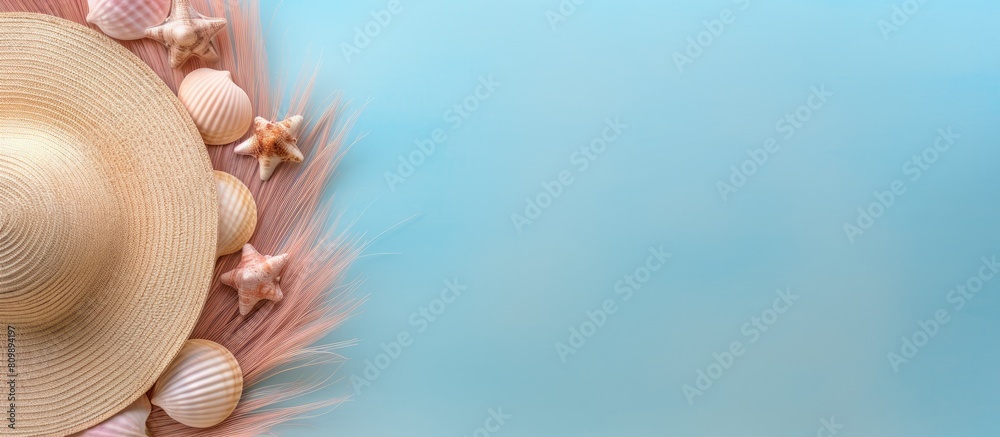Poster A top view of a color background with a gorgeous straw hat and seashells perfect for copy space image