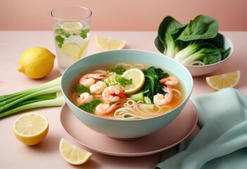 Tasty bowl of noodles with delicious toppings. Commercial food photography