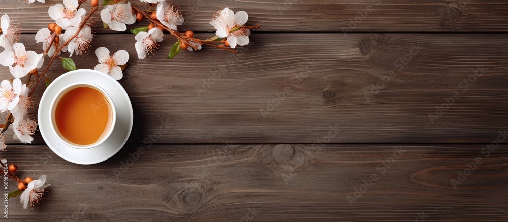 Aufkleber An image of a cup of coffee and blooming apricot branches on a worn wooden background with plenty of space for text or other additions. Creative banner. Copyspace image