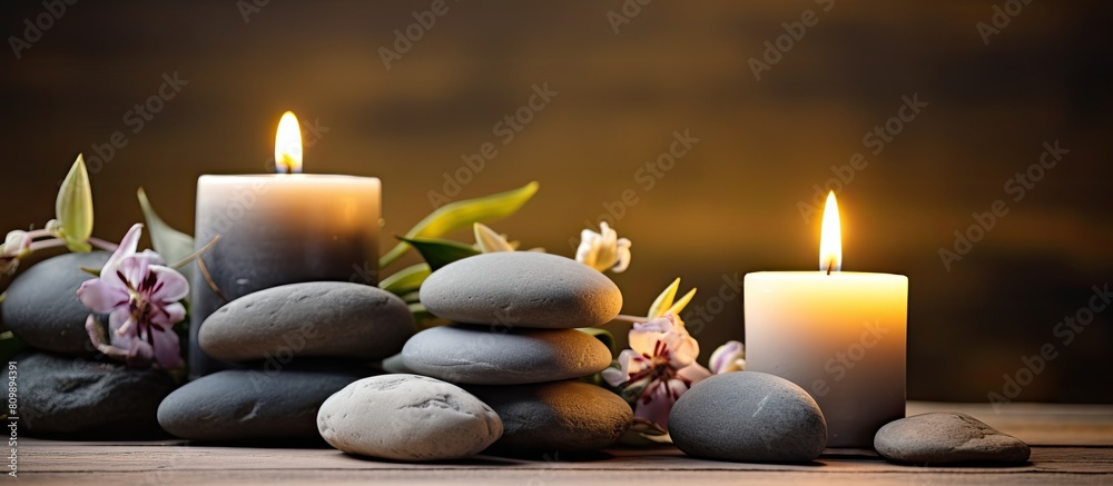 Aufkleber a serene arrangement of candles and spa stones on a wooden background perfect for a calming ambiance