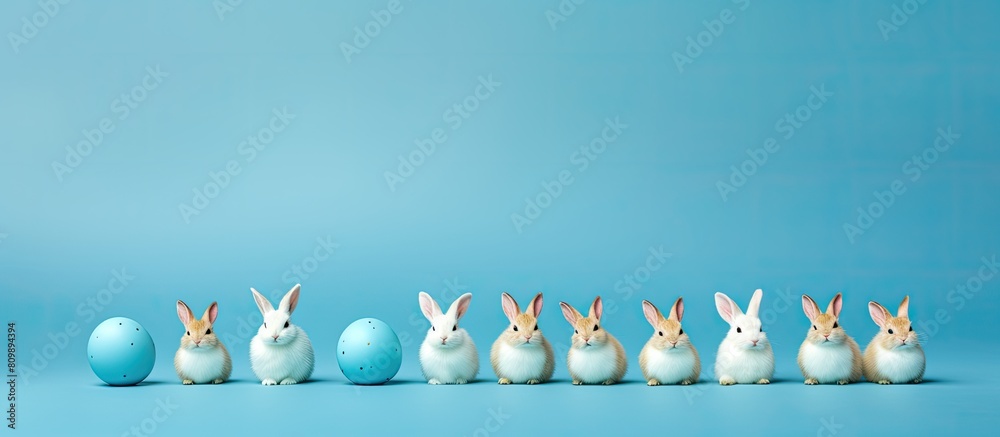 Poster a creative flat lay featuring a row of easter eggs accompanied by a bunny set against a blue backgro