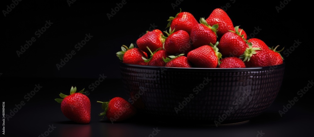 Poster a copy space image of a vibrant red strawberry resting in a bowl against a striking black background