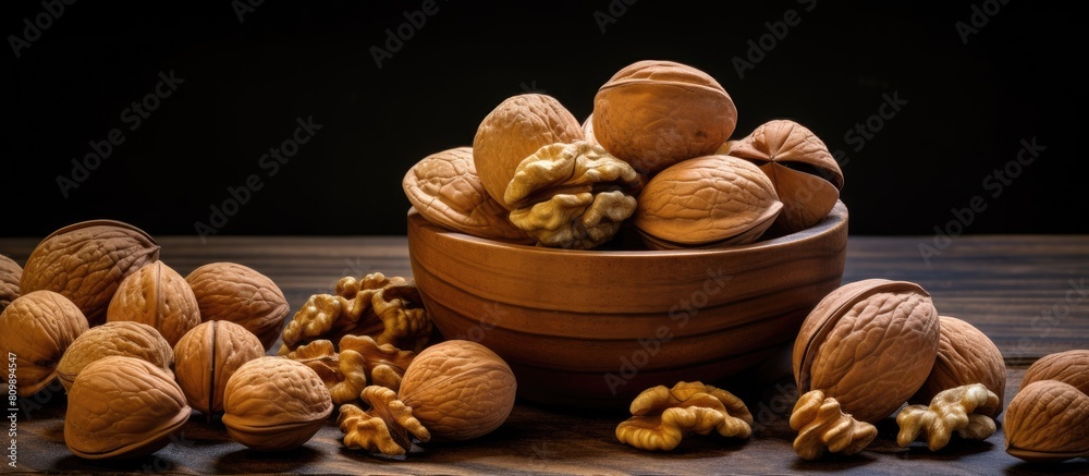 Aufkleber A copy space image of walnuts arranged in a wooden bowl on a textured surface seen from the side creating a visually appealing composition of healthy nuts and seeds