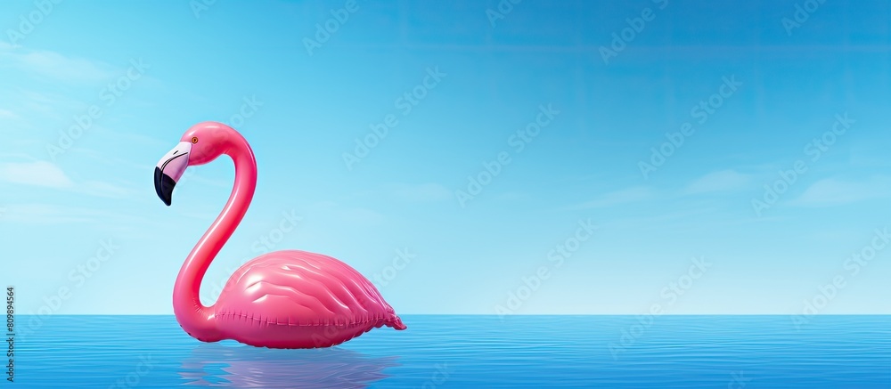 Poster a creatively minimal banner featuring an inflatable pink flamingo pool toy against a blue background